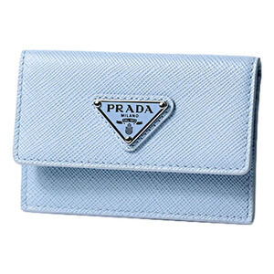 Prada Saffiano Celeste Blue Leather Small Snap Card Holder Wallet Triangle